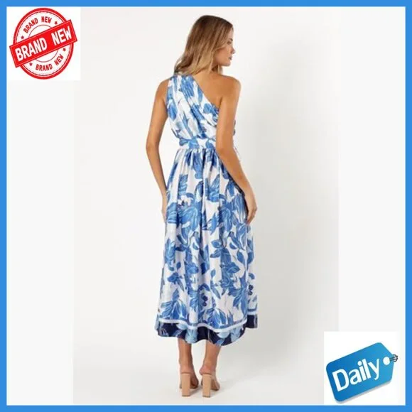 One Shoulder Midi Dress with Elastic Waist, A-Line Silhouette, Polyester